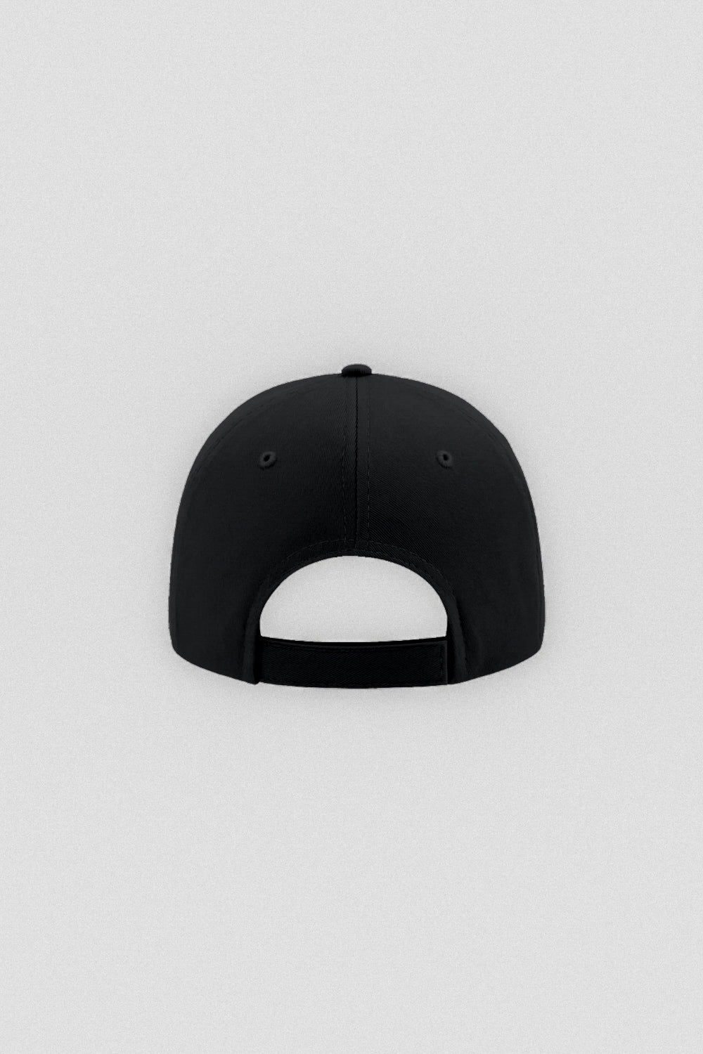 Back view of Black cotton logo cap showing the adjustable closure