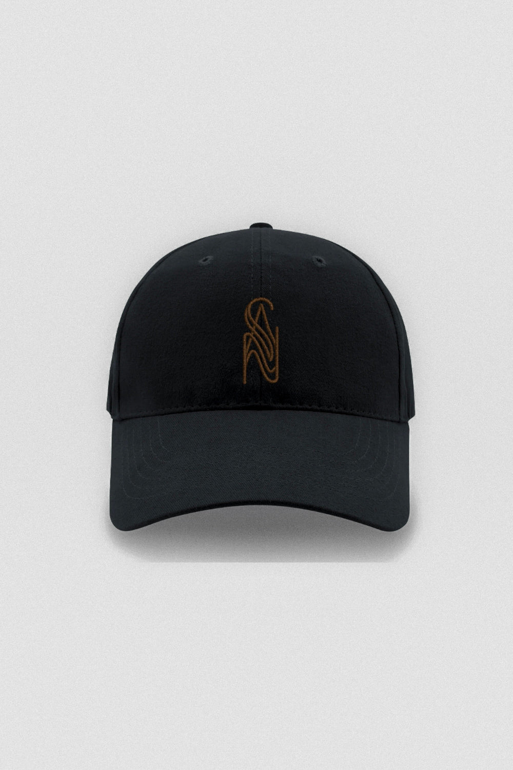 Black cotton baseball cap with brown embroidered sý ave nüe logo and curved peak
