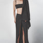 Woman wearing the Black linen cotton maxi skirt with matching bra top