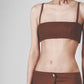 Front view of the brown linen bra crop top with slim shoulder straps