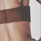 Close-up back view of the brown structured crop top and hook closure