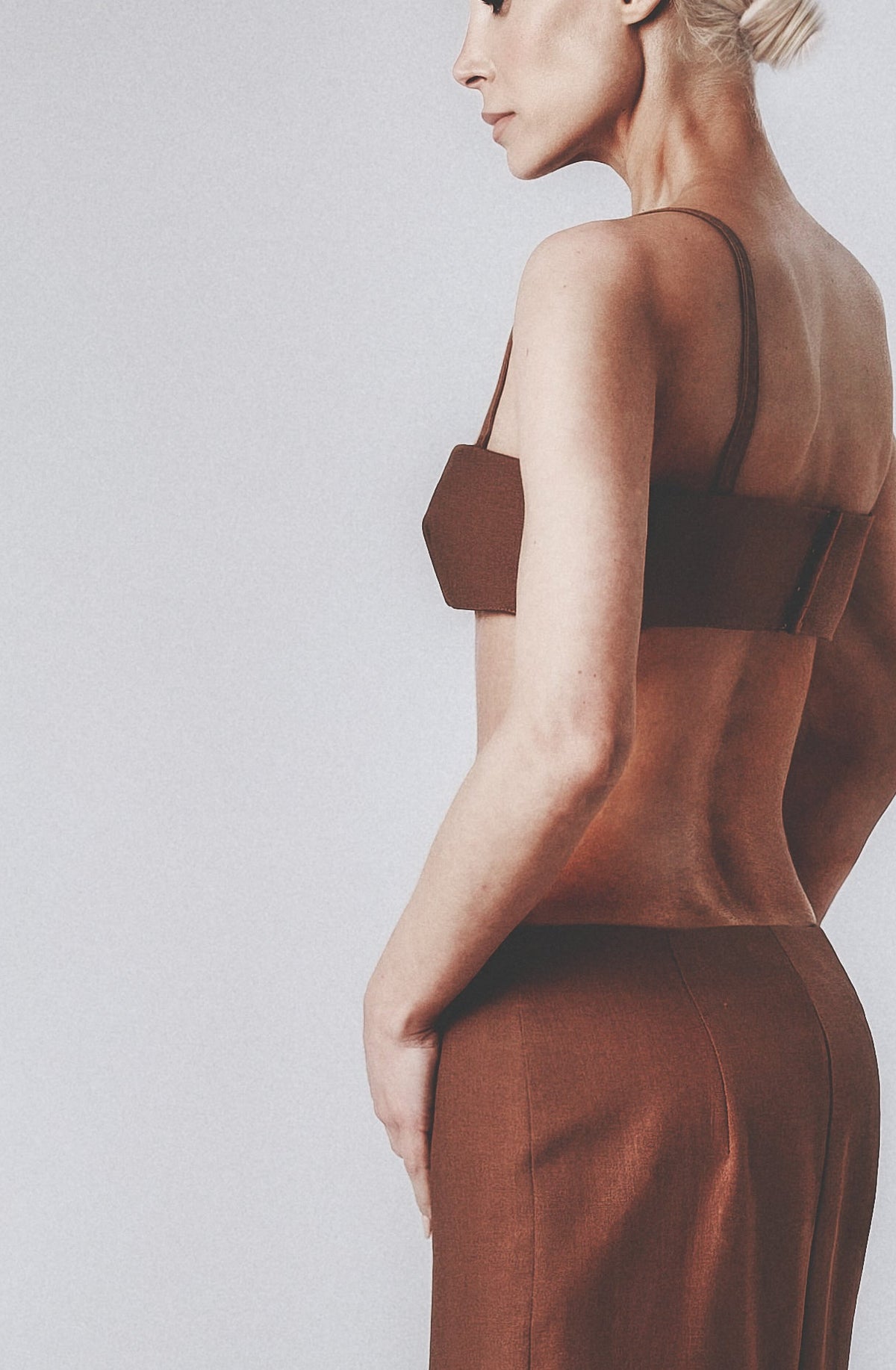 Cacao bra top styled with the matching low-waist linen maxi skirt