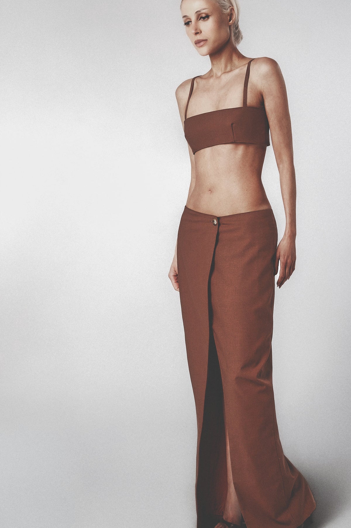 Cacao brown maxi skirt styled with the matching Sý Bra Top