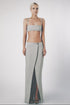 Woman wearing the Silver light grey linen cotton maxi skirt with matching bra crop top