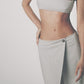 Close view of Silver linen cotton maxi skirt showing the low waist and front button closure