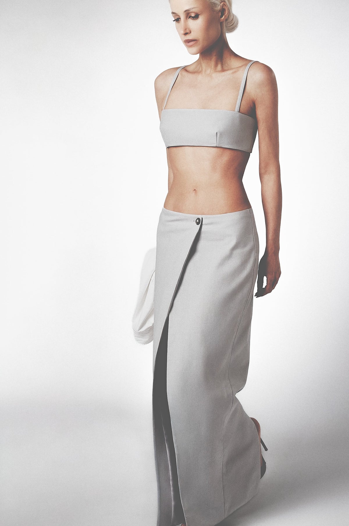 Silver linen cotton maxi skirt designed to sit low on the waist