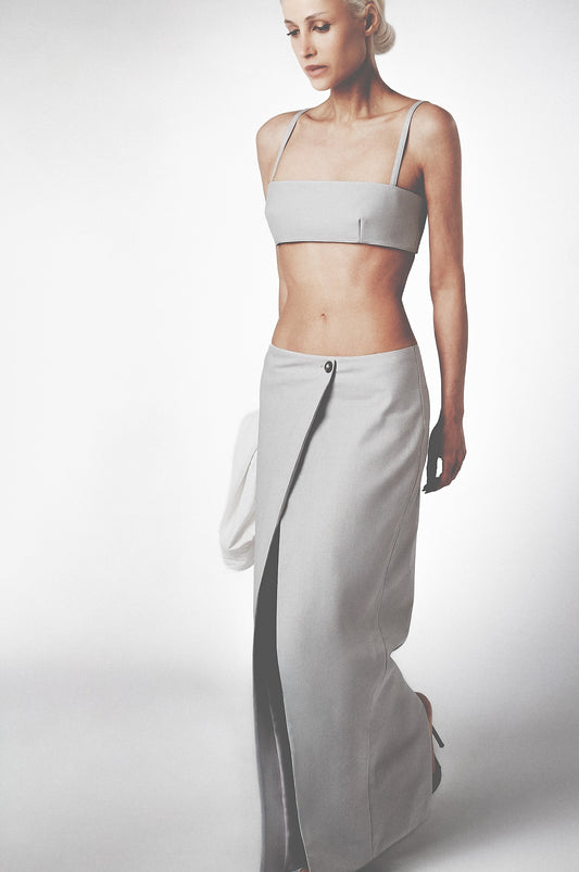 Silver linen cotton maxi skirt designed to sit low on the waist