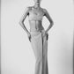 Silver women’s maxi skirt with a centre-back slit for ease of movement
