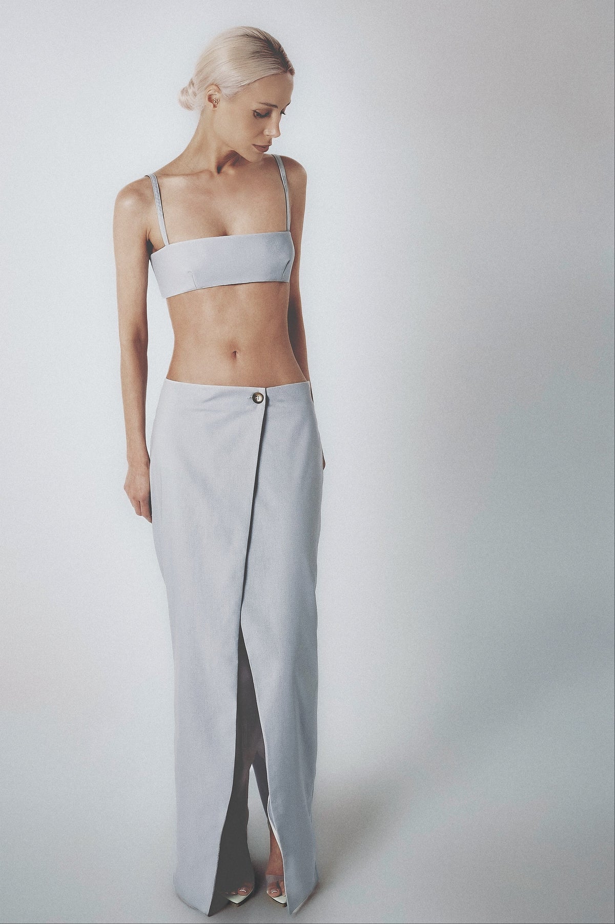 Sky Blue bra top styled with the matching low-waist linen maxi skirt