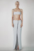 Woman wearing the Sky Blue linen cotton maxi skirt with matching bra crop top
