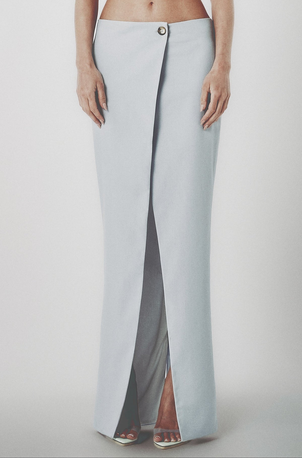Front view of the Sky Blue low-rise maxi skirt showing the button closure