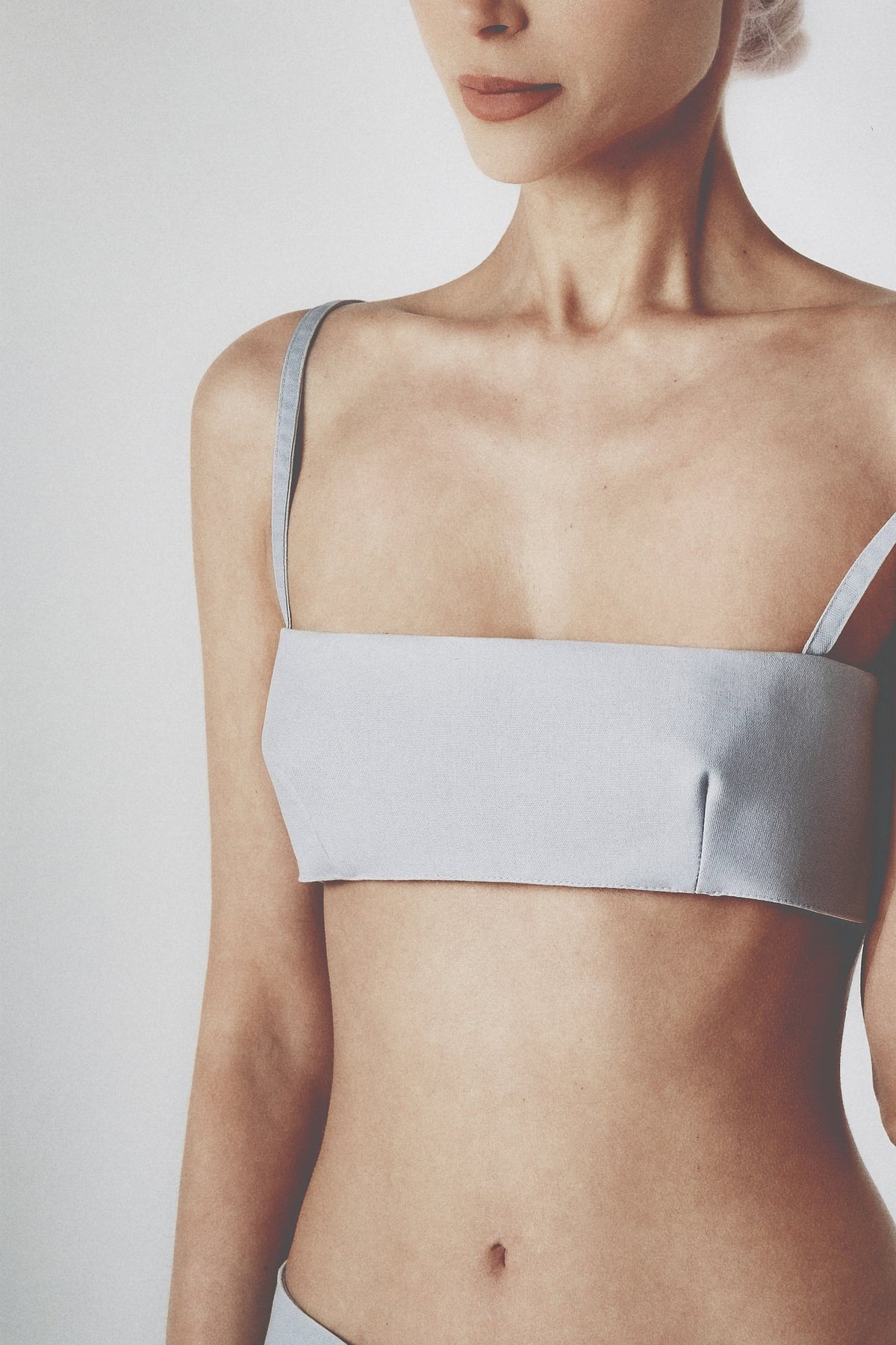Front view of the Sky Blue structured bra top with a straight neckline and slim straps