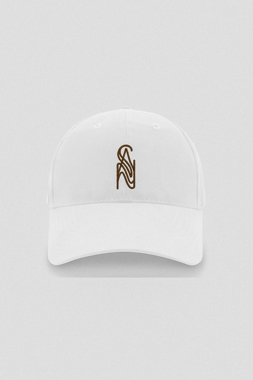 White cotton baseball cap with brown embroidered sý ave nüe logo and curved peak