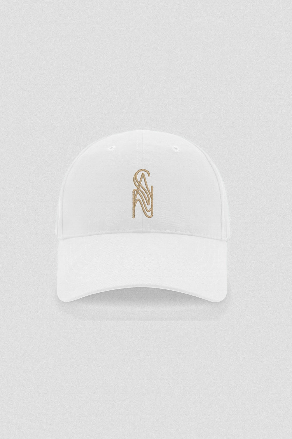 White cotton baseball cap with cream embroidered sý ave nüe logo and curved peak